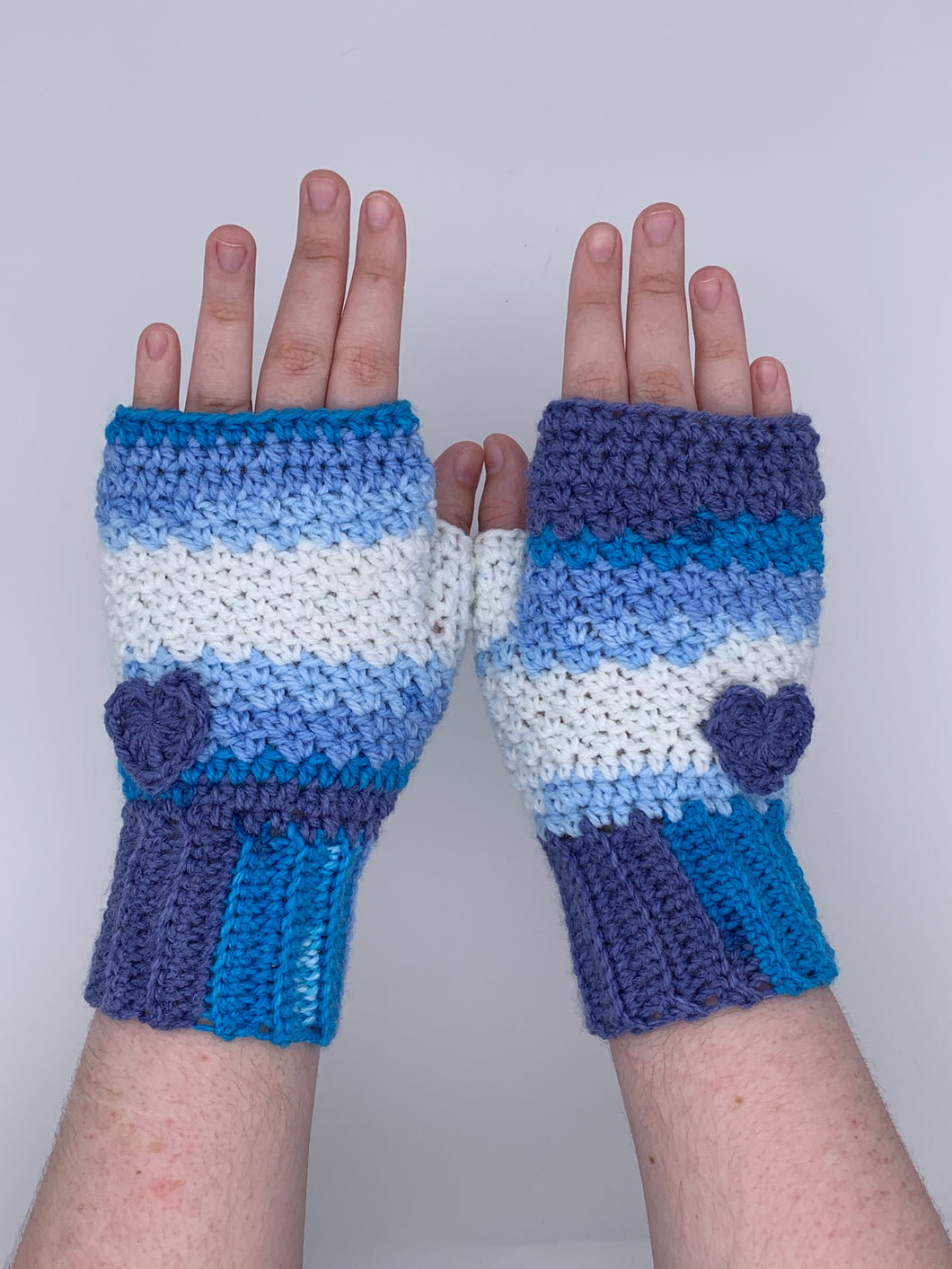 Crochet blue fingerless gloves with heart - one size
