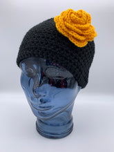 Load image into Gallery viewer, Crochet black beanie hat with yellow flower- Size medium adult
