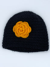 Load image into Gallery viewer, Crochet black beanie hat with yellow flower- Size medium adult
