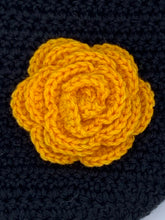 Load image into Gallery viewer, Crochet black beanie hat with yellow flower- Size medium adult
