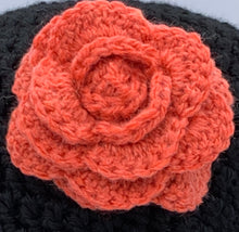 Load image into Gallery viewer, Crochet black beanie hat with orange flower- Size medium adult
