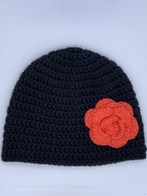 Load image into Gallery viewer, Crochet black beanie hat with orange flower- Size medium adult
