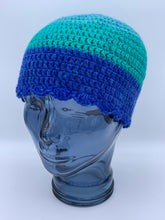 Load image into Gallery viewer, Crochet two-tone green and blue beanie hat - Size medium adult
