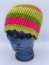 Load image into Gallery viewer, Crochet striped green and pink beanie hat with scalloped edge- Size medium adult

