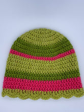 Load image into Gallery viewer, Crochet striped green and pink beanie hat with scalloped edge- Size medium adult
