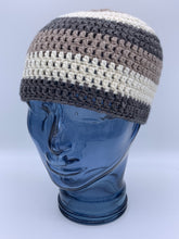 Load image into Gallery viewer, Crochet striped brown and cream beanie hat- Size Teen/Small adult
