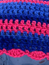 Load image into Gallery viewer, Crochet striped blue and pink beanie hat with scalloped edge- Size Teen/Small adult
