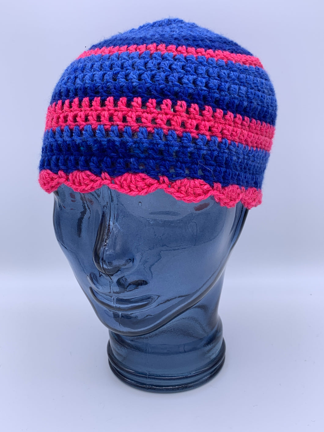 Crochet striped blue and pink beanie hat with scalloped edge- Size Teen/Small adult