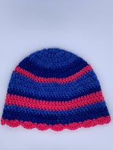 Load image into Gallery viewer, Crochet striped blue and pink beanie hat with scalloped edge- Size Teen/Small adult
