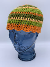 Load image into Gallery viewer, Crochet striped green and orange beanie hat with scalloped edge- Size Teen/Small adult
