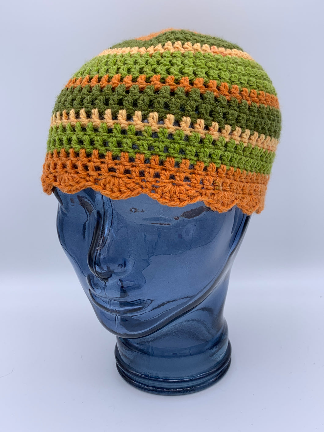 Crochet striped green and orange beanie hat with scalloped edge- Size Teen/Small adult