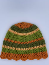 Load image into Gallery viewer, Crochet striped green and orange beanie hat with scalloped edge- Size Teen/Small adult
