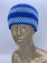 Load image into Gallery viewer, Crochet striped 2 tone blue beanie hat- Size Child 3-10 yrs
