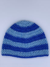 Load image into Gallery viewer, Crochet striped 2 tone blue beanie hat- Size Child 3-10 yrs
