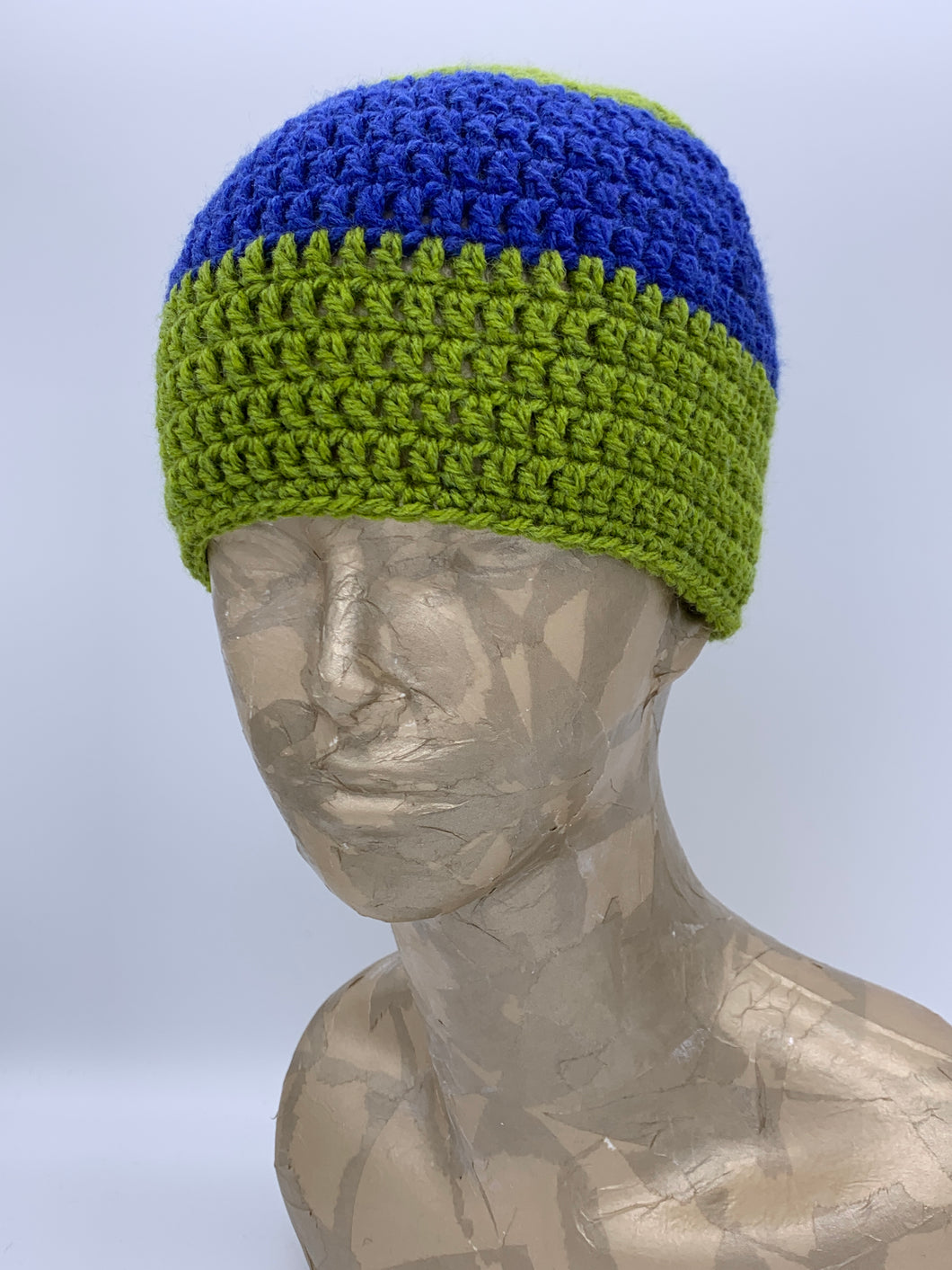 Crochet two tone green and blue beanie hat- Size Child 3-10 yrs