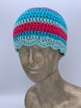 Load image into Gallery viewer, Crochet striped turquoise and pink beanie hat with scalloped edge- Size child 3-10 yrs
