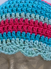 Load image into Gallery viewer, Crochet striped turquoise and pink beanie hat with scalloped edge- Size child 3-10 yrs
