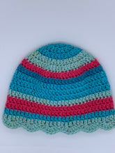Load image into Gallery viewer, Crochet striped turquoise and pink beanie hat with scalloped edge- Size child 3-10 yrs
