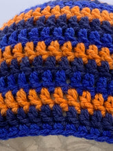 Load image into Gallery viewer, Crochet striped blue and orange beanie hat- Size Toddler 1-3 yrs
