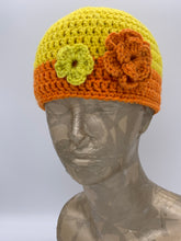 Load image into Gallery viewer, Crochet two tone yellow and orange beanie hat with flower detail- Size Toddler 1-3 yrs
