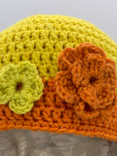 Load image into Gallery viewer, Crochet two tone yellow and orange beanie hat with flower detail- Size Toddler 1-3 yrs
