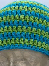Load image into Gallery viewer, Crochet striped turquoise and green beanie hat- Size Toddler 1-3 yrs
