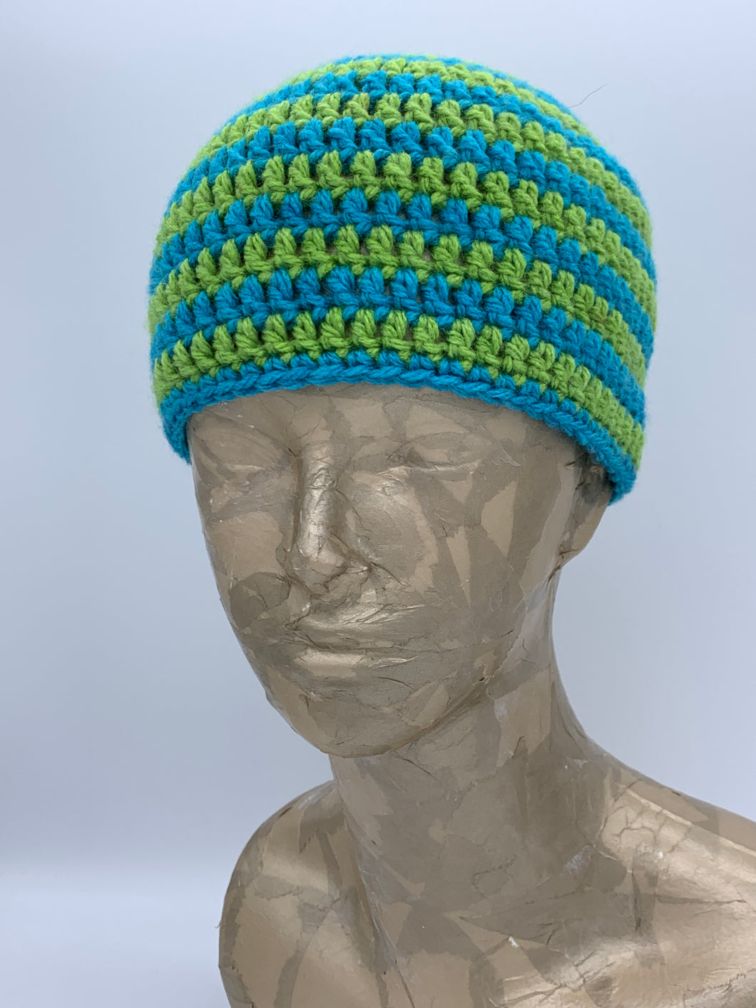 Crochet striped turquoise and green beanie hat- Size Toddler 1-3 yrs