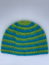 Load image into Gallery viewer, Crochet striped turquoise and green beanie hat- Size Toddler 1-3 yrs
