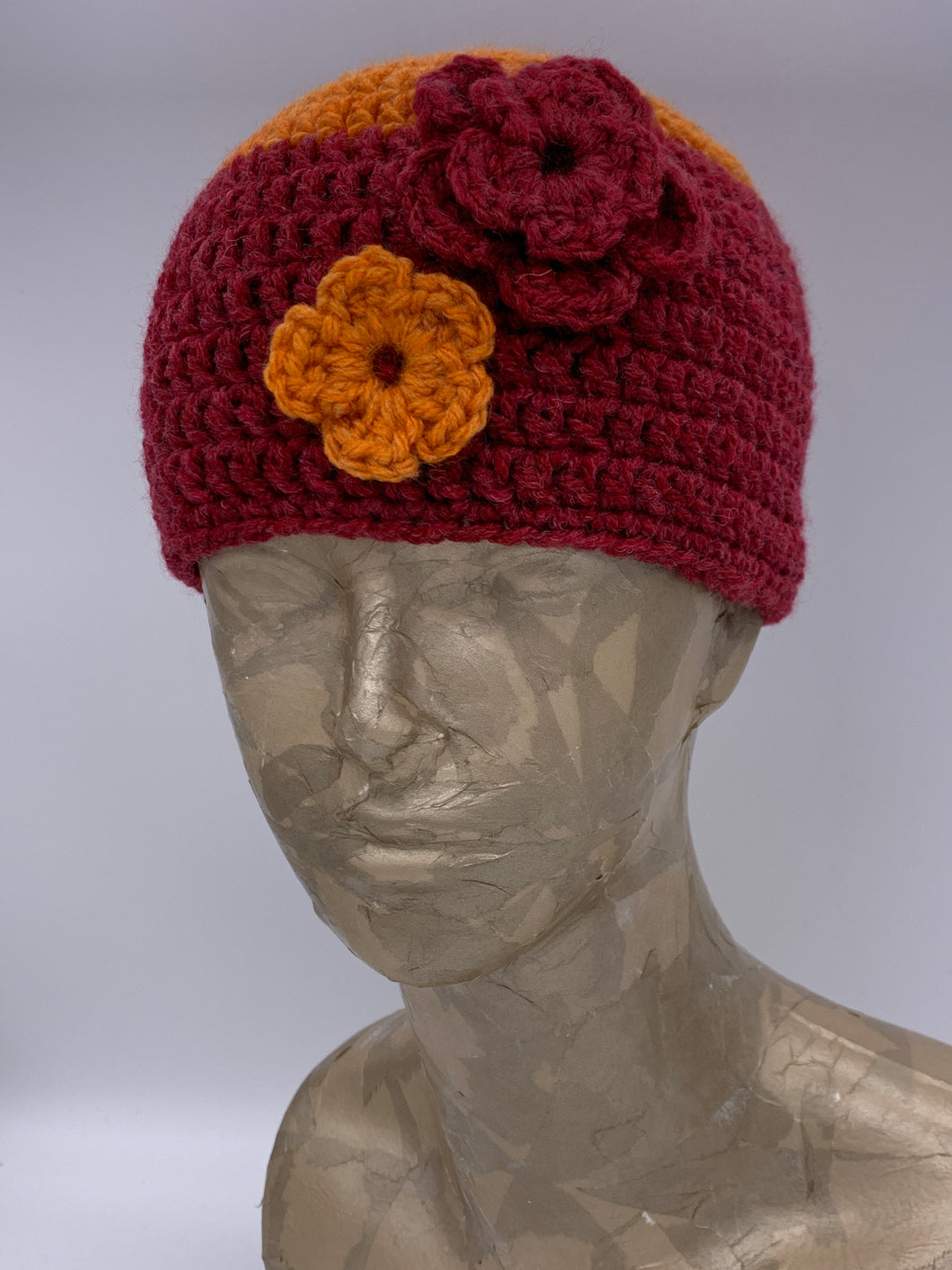 Crochet two tone crimson and orange beanie hat with flower detail- Size Toddler 1-3 yrs